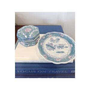 Vintage Chinese Chinoiserie Trinket Box & Matching Decorative Plate